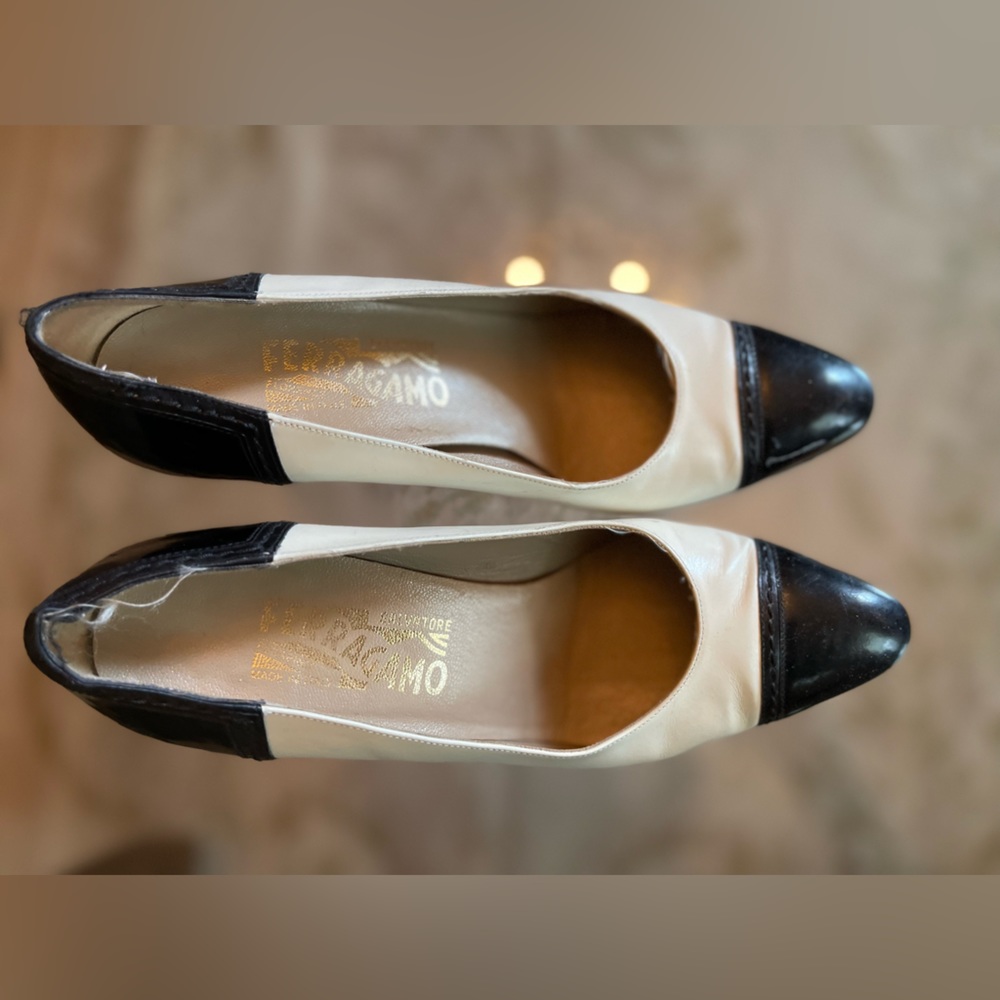 Black and white Ferragamo pumps
